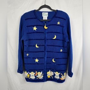 Quacker Factory Full Zip Celestial Angel Embellished Sweater Cardigan sz Medium